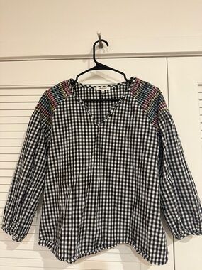 Madewell Black and White Gingham Blouse with Multicolor Embroidered Shoulders